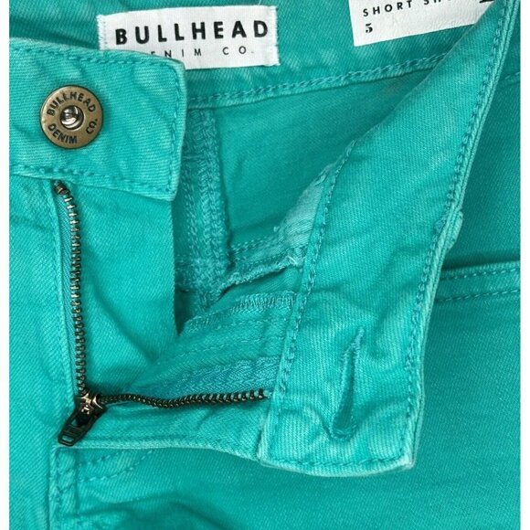 Bullhead Jean Shorts Cut Offs Women Size 5 Green Low Rise Stretch Denim Frayed - Picture 4 of 11